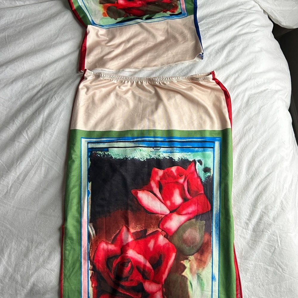 Floral Print Dress with Red Roses